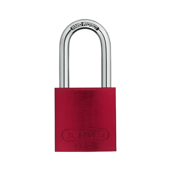 ABUS 72/40HB40 aluminum padlock with a long hardened steel shackle (shown in red; ours is blue)