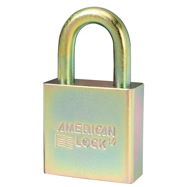 American Lock A5200GLN solid steel government padlock with a gold-tone zinc chromate finish