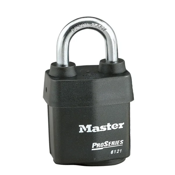 Master Lock ProSeries 6121 laminated steel padlock with a black Weather Tough cover