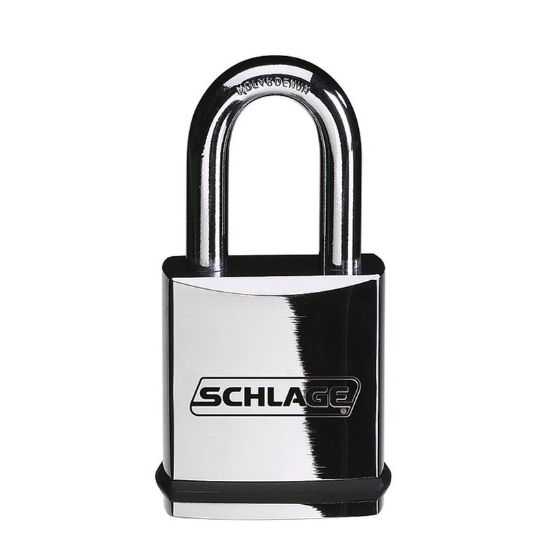 Front view of the Schlage KS41 series padlock showing the chrome-plated brass body and Schlage logo