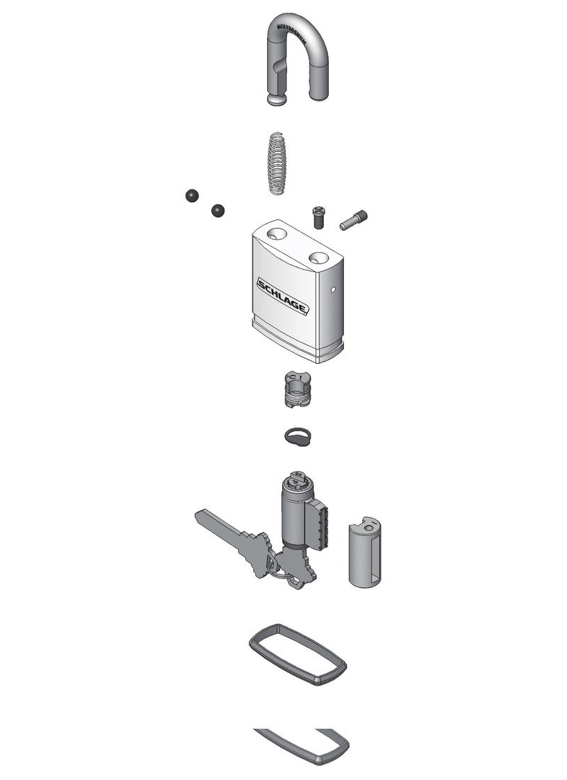Schlage exploded parts diagram of the small format interchangeable core padlock showing shackle, body, locking parts and SFIC core