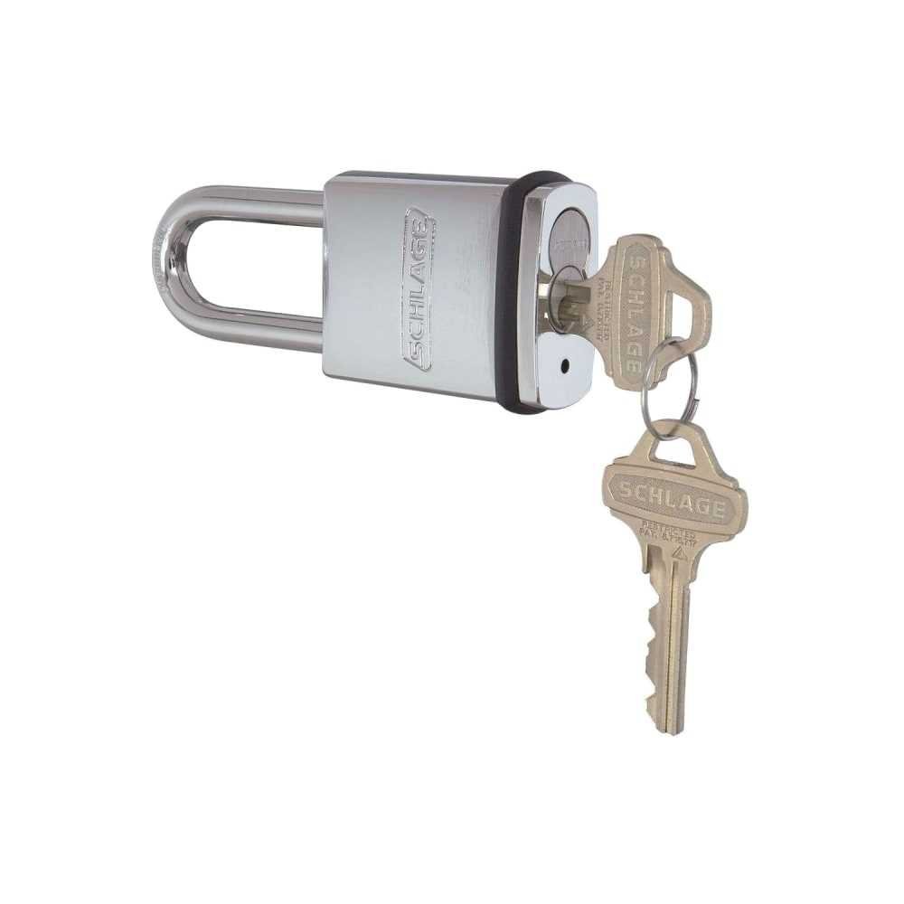 Schlage KS41F1200 chrome-plated brass SFIC padlock with an interchangeable core installed and Schlage keys in the lock