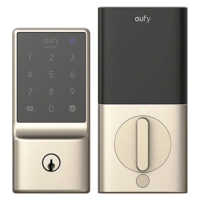 eufy C210 smart lock in nickel, outside touchscreen keypad and inside unit