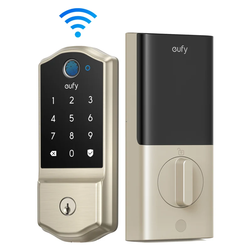 eufy C220 smart lock in satin nickel, outside keypad with fingerprint reader and inside unit