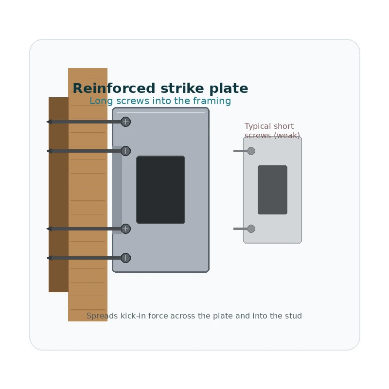 Reinforced security strike plate with long screws into door framing